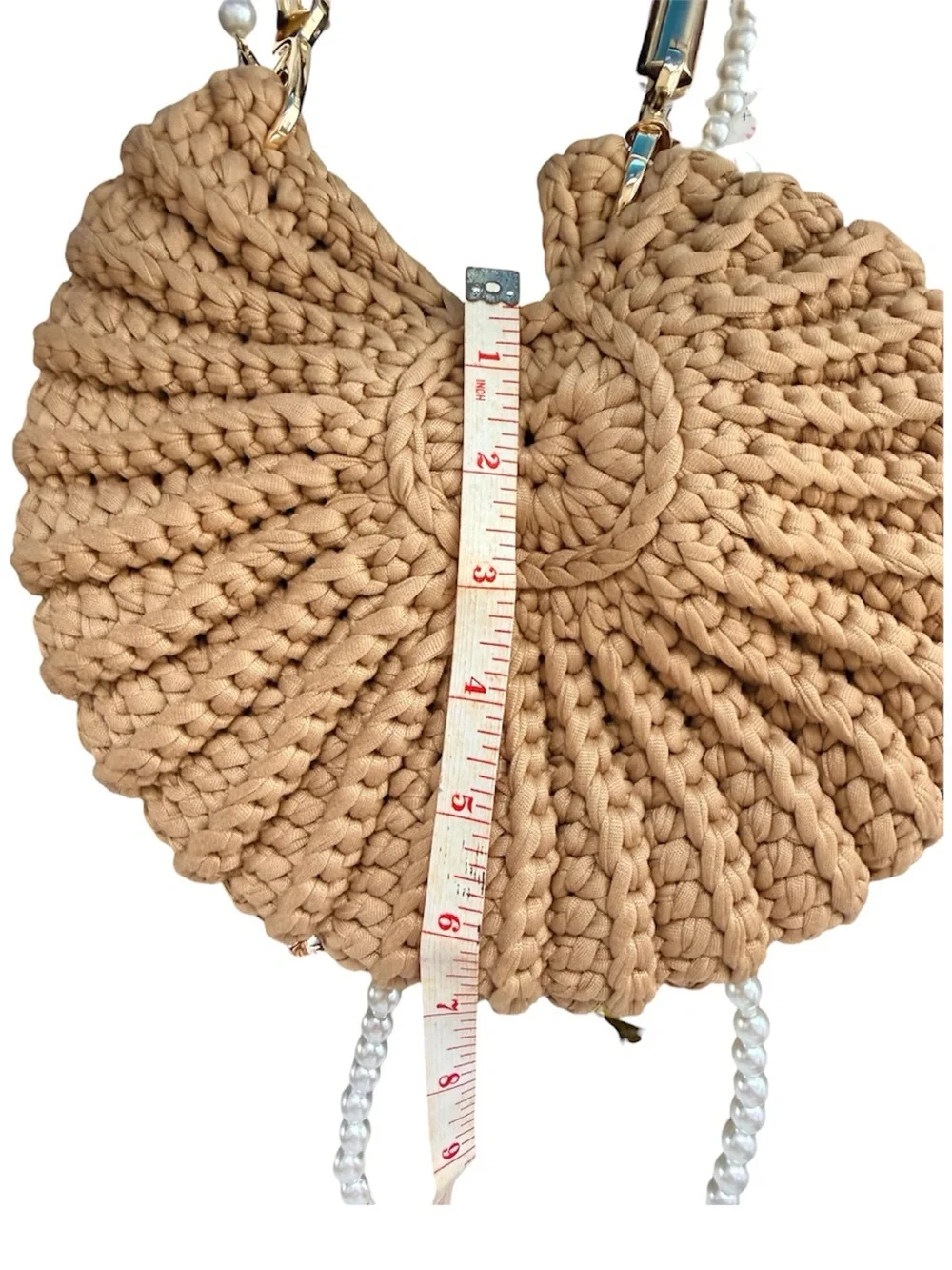 Beige Woven Round Crochet Crossbody Bag with Faux Pearl Strap - Picture 3 of 5